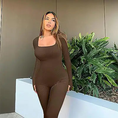 Women's seamless long--sleeve yoga jumpsuit